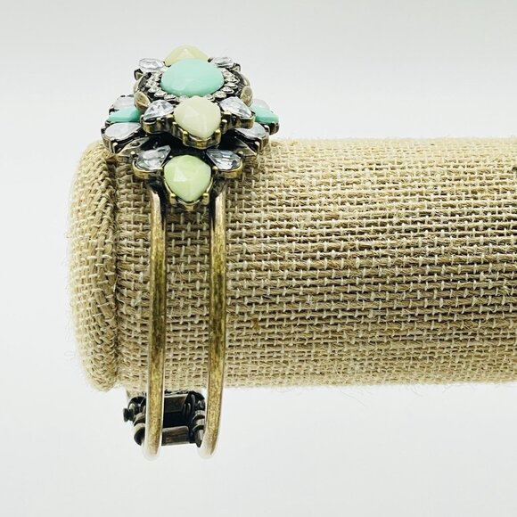 Vintage Hinged Bangle Bracelet Turquoise Green Cabochon Rhinestone Statement - Picture 7 of 7